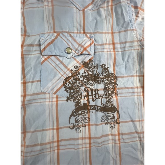 Aeropostale Western Mens Size 2XL Blue Orange Plaid Pearl Snap Vintage Y2K - Picture 3 of 7